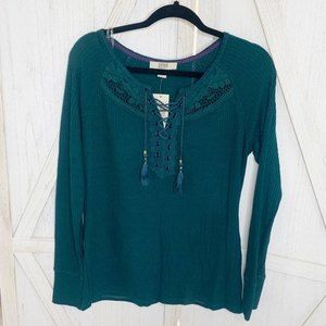 Vintage America NWT Green Waffle Knit Lace Tassel Pullover Long Sleeve Boho Top